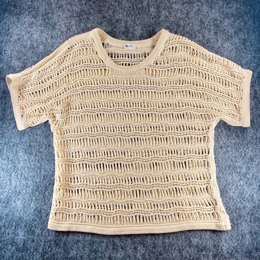 ZYIA Active Hilton Head Sweater‎ Womens S Tan Ivory Knit Short Sleeve Oversized - Picture 3 of 9
